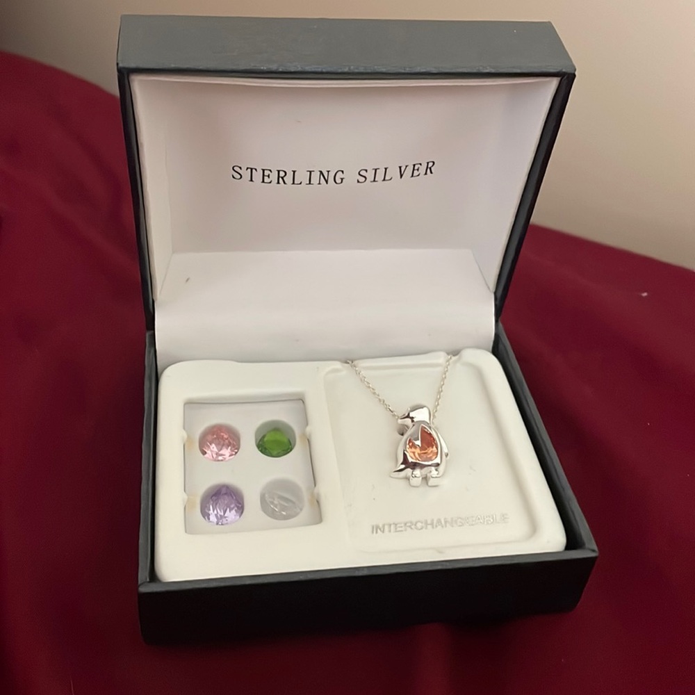 Sterling Silver Penguin Necklace with Interchangeable Stones, NWT